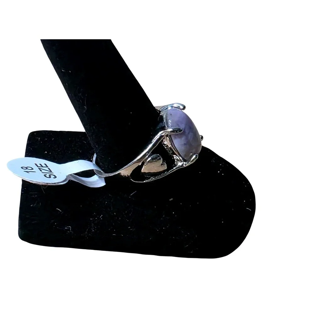 Silver‎ Tone Oval Purple Stone Heart Detail Statement Ring Size 18 Lavender